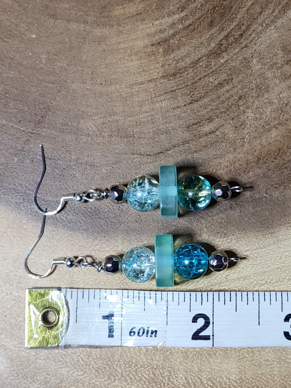 Hand Crafted  Crackled Glass Teal Beaded Bracelet and Earring Set